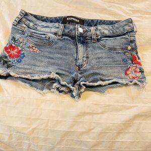 Express Distressed Denim Shorts with Floral Embroidery